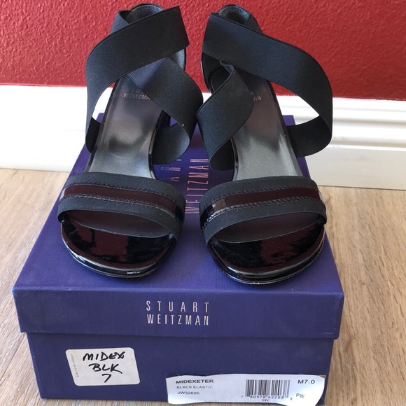 Stuart Weitzman stretch strap, open toe 2 inch heel patent heel. - Picture 1 of 3